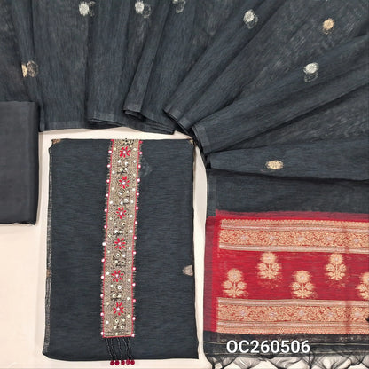 Black premium tussar unstitched salwar material,thread, zarodzi and  faux mirror work on yoke,gold and silver zari buttas all over, rich weaving daman,(thin fabric, lining needed)santoon bottom, buttas on tussar dupatta with rich contrast pallu. OC260506