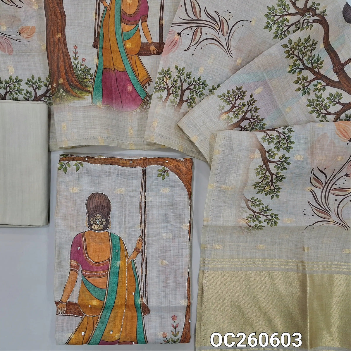 Beige base premium silk cotton unstitched salwar material,buttas all over & shaded tint,,digital printed with sequins and zari work,tissue daman,(lining needed)cotton bottom, digital printed silk cotton dupatta with tissue pallu. OC260603
