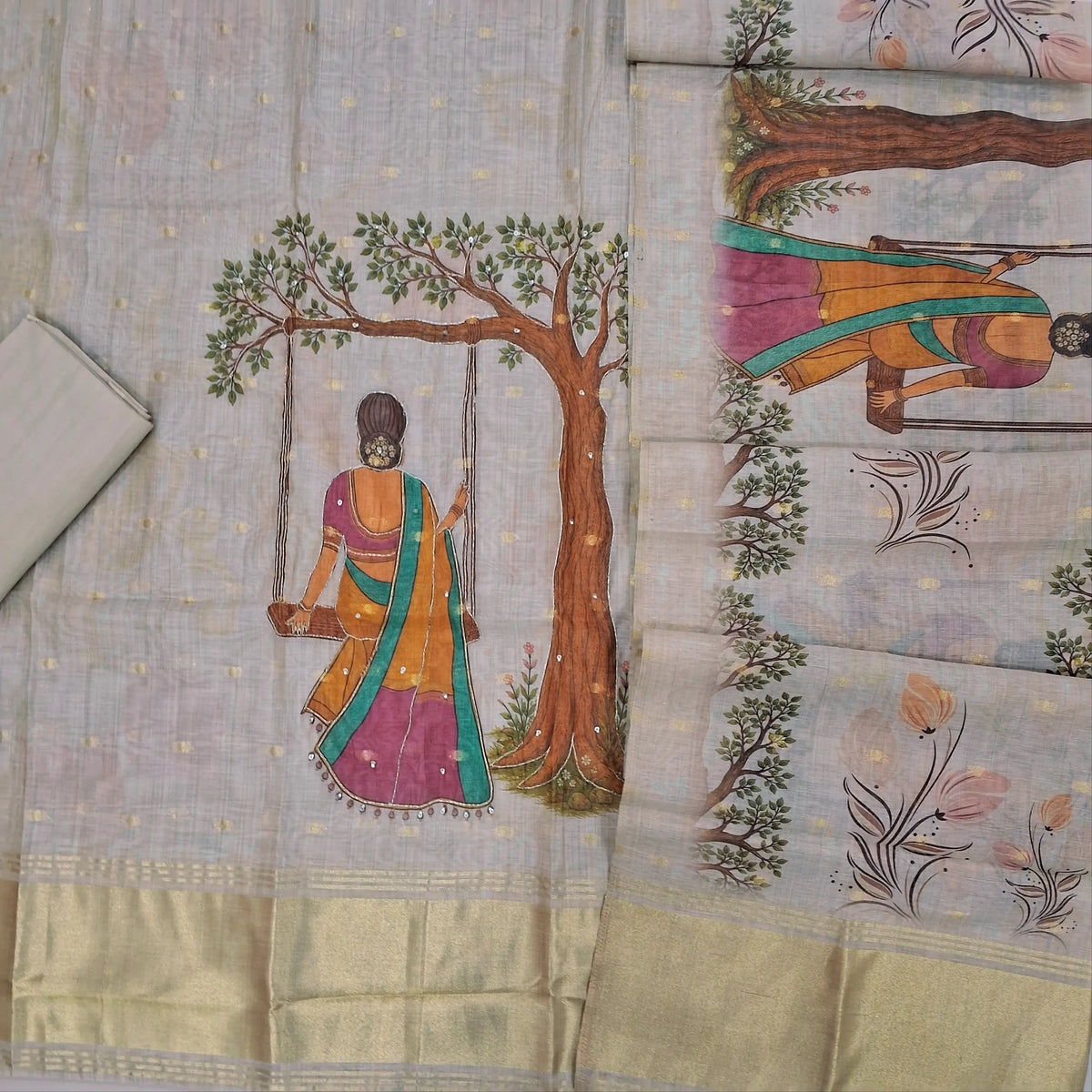 Beige base premium silk cotton unstitched salwar material,buttas all over & shaded tint,,digital printed with sequins and zari work,tissue daman,(lining needed)cotton bottom, digital printed silk cotton dupatta with tissue pallu. OC260603