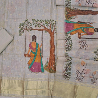 Beige base premium silk cotton unstitched salwar material,buttas all over & shaded tint,,digital printed with sequins and zari work,tissue daman,(lining needed)cotton bottom, digital printed silk cotton dupatta with tissue pallu. OC260603