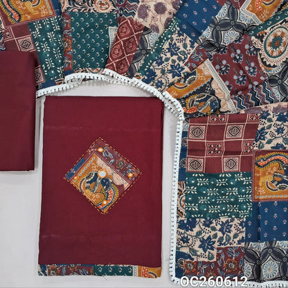 Dark maroon designer dabu cotton unstitched salwar material, applique, kantha stitch and mirror work on yoke and daman (Lining Optional) matching bottom, printed pure cotton dupatta with lace tapping, printed dabu cotton over coat. OC260612