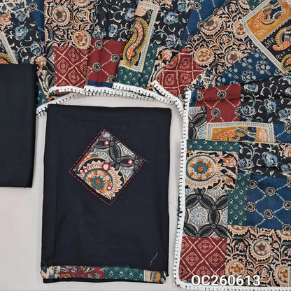 Black designer dabu cotton unstitched salwar material, applique, kantha stitch and mirror work on yoke and daman (Lining Optional) matching bottom, printed pure cotton dupatta with lace tapping, printed dabu cotton over coat. OC260613