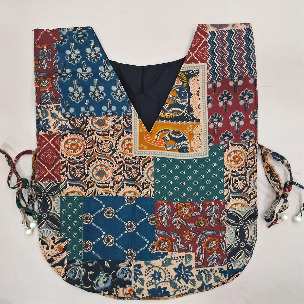 Black designer dabu cotton unstitched salwar material, applique, kantha stitch and mirror work on yoke and daman (Lining Optional) matching bottom, printed pure cotton dupatta with lace tapping, printed dabu cotton over coat. OC260613