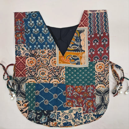 Black designer dabu cotton unstitched salwar material, applique, kantha stitch and mirror work on yoke and daman (Lining Optional) matching bottom, printed pure cotton dupatta with lace tapping, printed dabu cotton over coat. OC260613