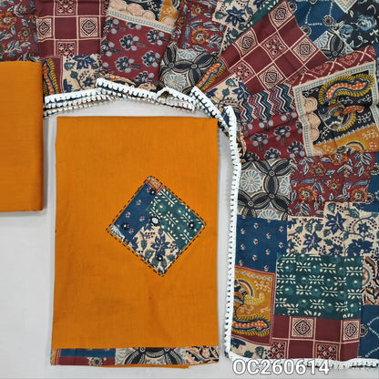 Mehandhi yellow designer dabu cotton unstitched salwar material, applique, kantha stitch and mirror work on yoke and daman (Lining Optional) matching bottom, printed pure cotton dupatta with lace tapping, printed dabu cotton over coat. OC260614