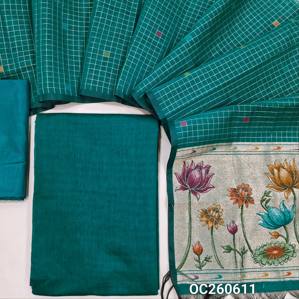 Teal blue premium silk cotton unstitched salwar material,(lining needed)matching silky bottom, zari checks with thread woven buttas on silk cotton dupatta with tissue pallu with rich weaving. OC260611