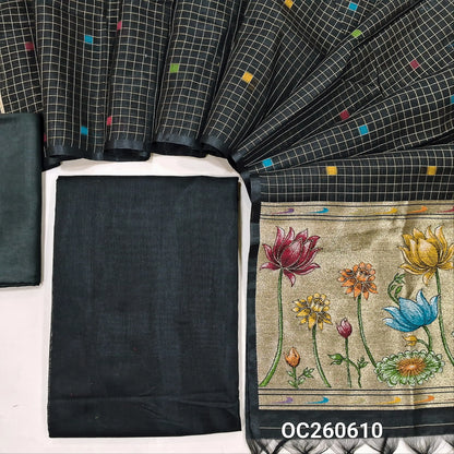 Black premium silk cotton unstitched salwar material,(lining needed)matching silky bottom, zari checks with thread woven buttas on silk cotton dupatta with tissue pallu with rich weaving. OC260610