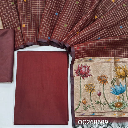Dark maroon premium silk cotton unstitched salwar material,(lining needed)matching silky bottom, zari checks with thread woven buttas on silk cotton dupatta with tissue pallu with rich weaving. OC260609
