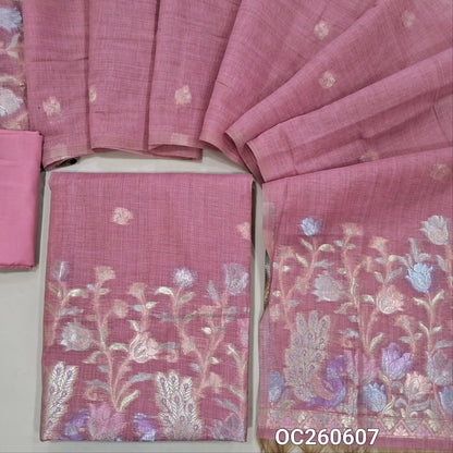 Pastel pink premium silk cotton unstitched salwar material,buttas on front,rich pastel weaving on daman,(lining needed)silky bottom, buttas on full length silk cotton dupatta with rich pastel zari weaving pallu. OC260607