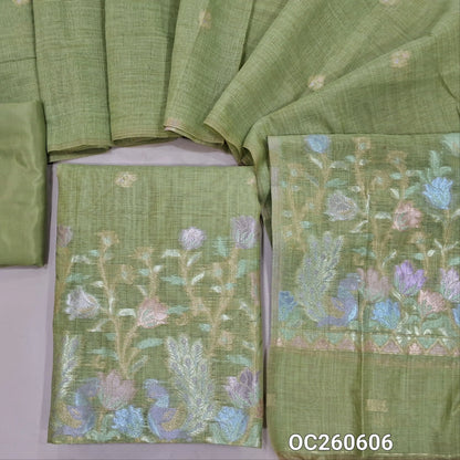 Pastel green premium silk cotton unstitched salwar material,buttas on front,rich pastel weaving on daman,(lining needed)silky bottom, buttas on full length silk cotton dupatta with rich pastel zari weaving pallu. OC260606