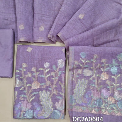 Lavender premium silk cotton unstitched salwar material,buttas on front,rich pastel weaving on daman,(lining needed)silky bottom, buttas on full length silk cotton dupatta with rich pastel zari weaving pallu. OC260604