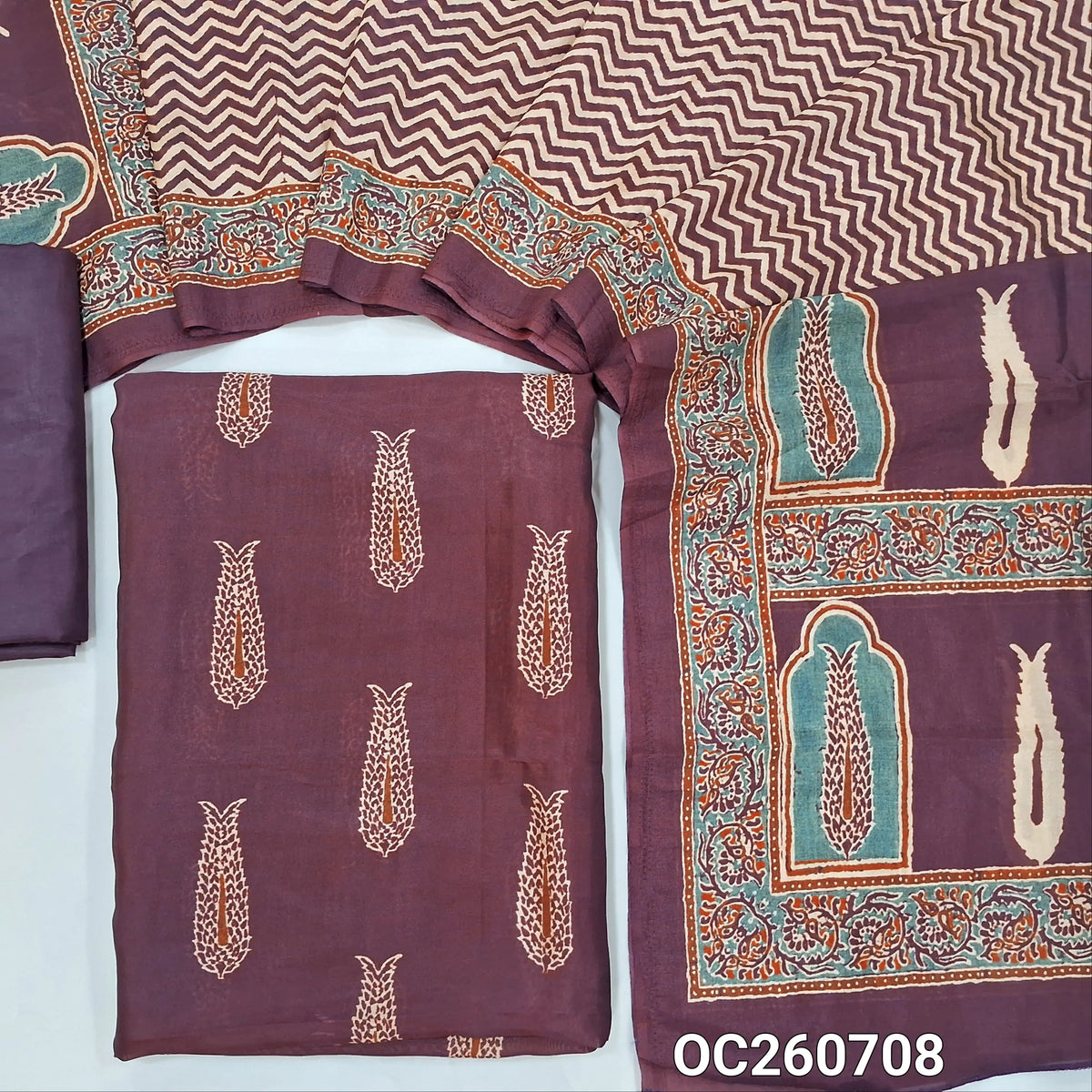 Dark maroon viscous Silk unstitched salwar material,printed all over,(shiny,Lining Needed)silky bottom, digital printed viscous silk dupatta. OC260708