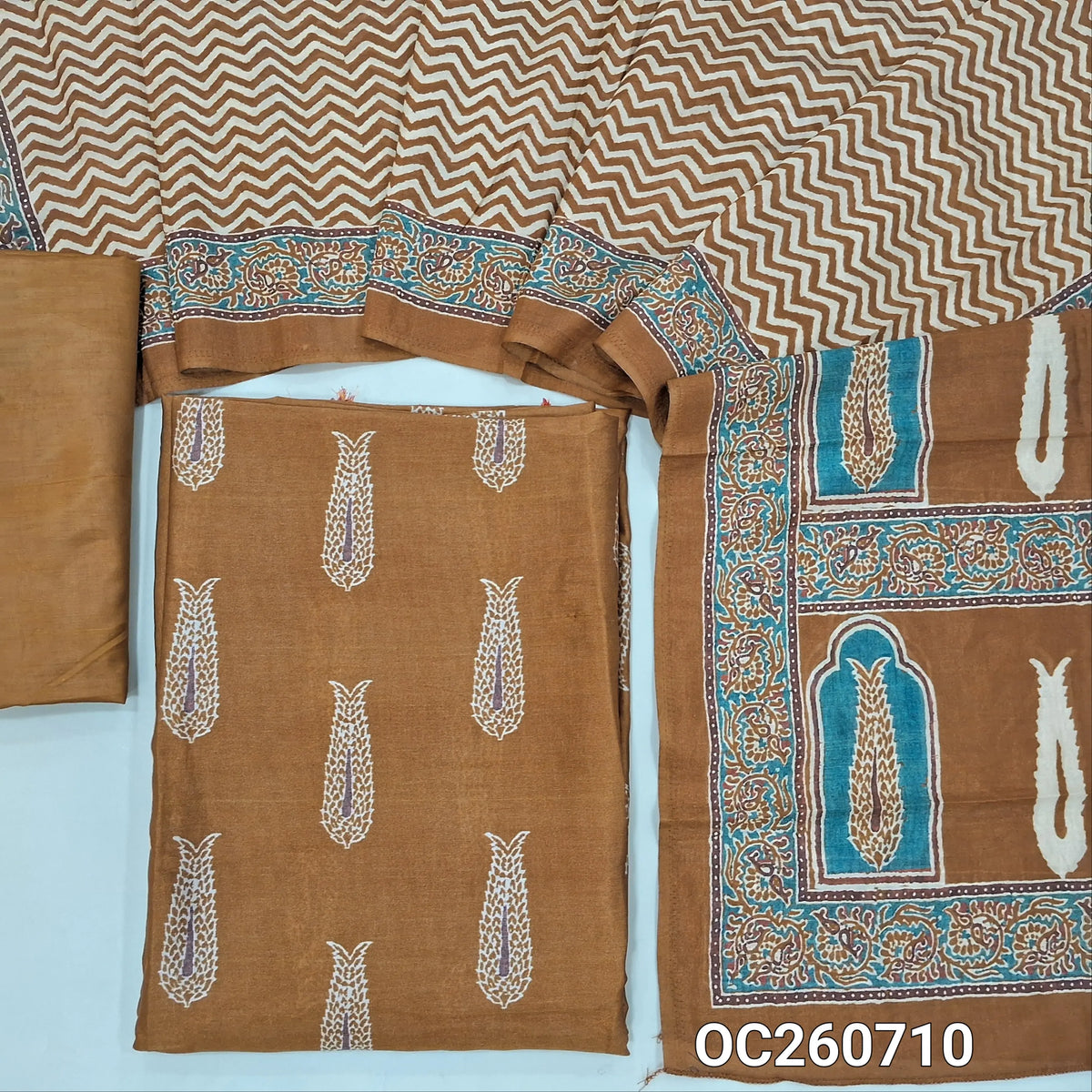 Light brown viscous Silk unstitched salwar material,printed all over, (shiny,Lining Needed)silky bottom, digital printed viscous silk dupatta. OC260710