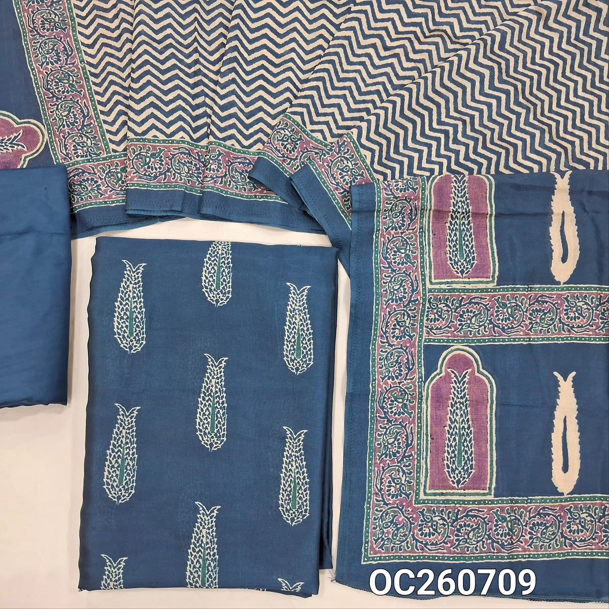 Teal blue viscous Silk unstitched salwar material,printed all over, (shiny,Lining Needed)silky bottom, digital printed viscous silk dupatta. OC260709