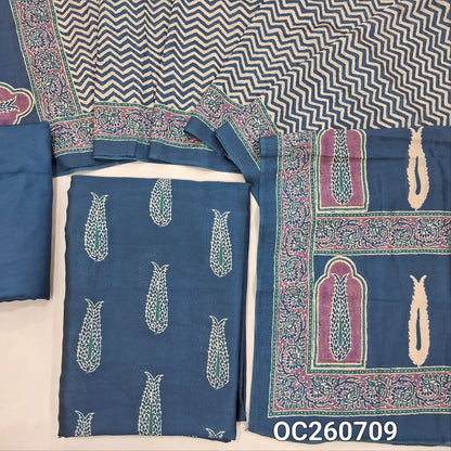 Teal blue viscous Silk unstitched salwar material,printed all over, (shiny,Lining Needed)silky bottom, digital printed viscous silk dupatta. OC260709