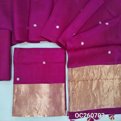 Rani pink pure handwoven katan silk dress material,antic gold zari buttas all over,tissue daman,(Shiny, Silky, Lining Needed)katan silk bottom, antic buttas on handwoven katan silk dupatta with tissue pallu. OC260703