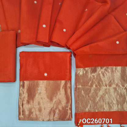 Rust orange pure handwoven katan silk dress material,antic gold zari buttas all over,tissue daman,(Shiny, Silky, Lining Needed)katan silk bottom, antic buttas on handwoven katan silk dupatta with tissue pallu. OC260701