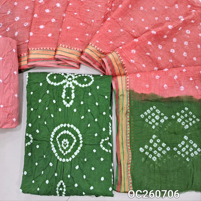 Leafy green bandhini tie and dye pure cotton unstitched salwar material,(lining needed)light peachish pink tie and dye cotton bottom,dual shaded tie and dye mul cotton dupatta with resham borders. OC260706