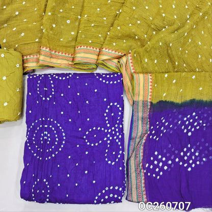 Royal blue bandhini tie and dye pure cotton unstitched salwar material,(lining needed)mehandhi green tie and dye cotton bottom,dual shaded tie and dye mul cotton dupatta with resham borders. OC260707
