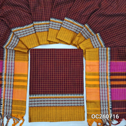 Dark maroon mercerized handloom cotton unstitched salwar material(lining needed)checked all over with contrast traditional thread woven border, bottom included with top,checked mercerized handloom cotton dupatta with contrast borders and pallu. OC260716