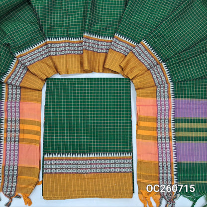 Bottle green mercerized handloom cotton unstitched salwar material(lining needed)checked all over with contrast traditional thread woven border, bottom included with top,checked mercerized handloom cotton dupatta with contrast borders and pallu. OC260715