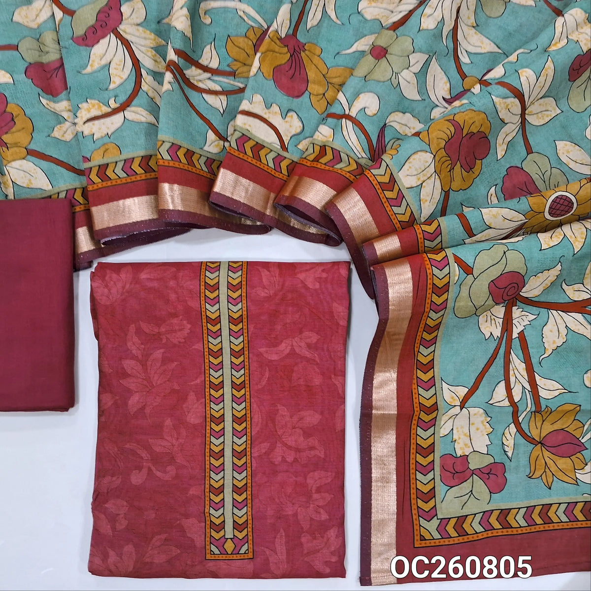 Dark pink silk cotton unstitched salwar material,printed yoke,sober printed all over,(lining needed) cotton bottom,colourful floral printed silk cotton dupatta with zari borders. OC260805