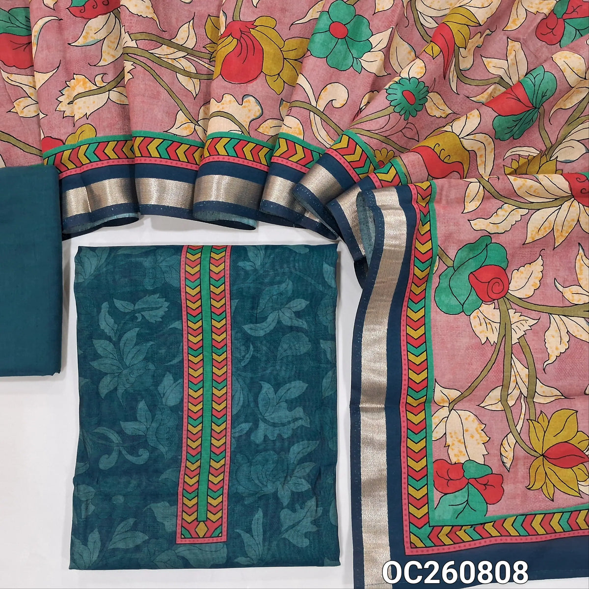 Dark teal blue silk cotton unstitched salwar material,printed yoke,sober printed all over,(lining needed) cotton bottom,colourful floral printed silk cotton dupatta with zari borders. OC260808