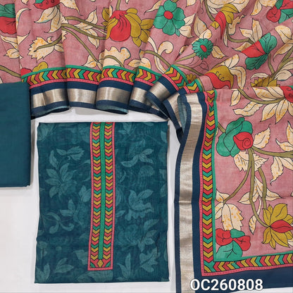 Dark teal blue silk cotton unstitched salwar material,printed yoke,sober printed all over,(lining needed) cotton bottom,colourful floral printed silk cotton dupatta with zari borders. OC260808