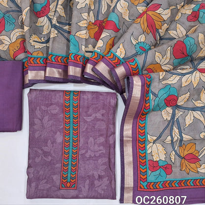 Purple silk cotton unstitched salwar material,printed yoke,sober printed all over,(lining needed) cotton bottom,colourful floral printed silk cotton dupatta with zari borders. OC260807