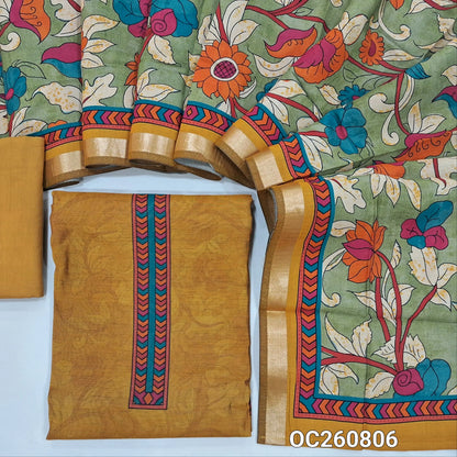 Mehandhi yellow silk cotton unstitched salwar material,printed yoke,sober printed all over,(lining needed) cotton bottom,colourful floral printed silk cotton dupatta with zari borders. OC260806