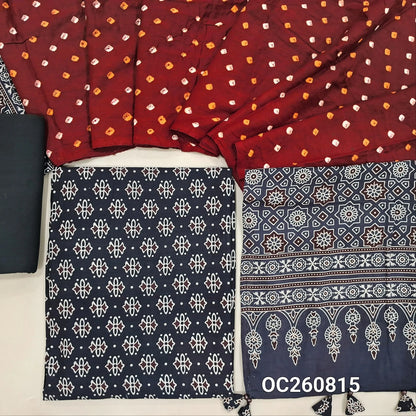 Black ajrak block printed pure cotton unstitched salwar material(lining optional)cotton bottom, original tie and dye work on satin cotton dupatta with ajrak pallu and handmade tassles. OC260815