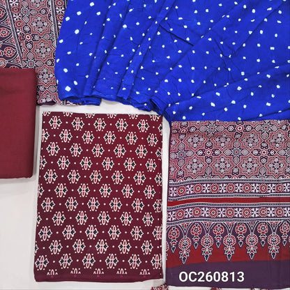 Dark maroon ajrak block printed pure cotton unstitched salwar material(lining optional)cotton bottom, original tie and dye work on satin cotton dupatta with ajrak pallu and handmade tassles. OC260813