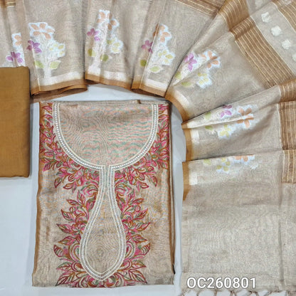 Golden beige with golden tint pure tissue organza silk unstitched salwar material, thread embroidery work  on yoke,(lining needed)santoon bottom,benarsai weaving on tissue organza silk dupatta with meenakari borders. OC260801