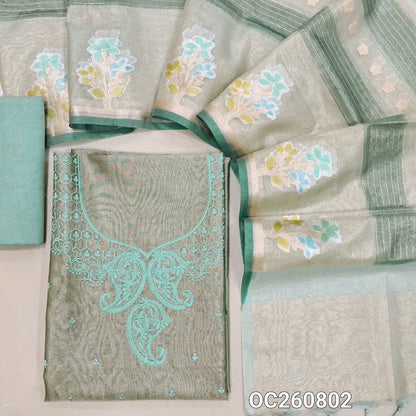 Blue with golden tint pure tissue organza silk unstitched salwar material, thread embroidery work  on yoke,(lining needed)santoon bottom,benarsai weaving on tissue organza silk dupatta with meenakari borders. OC260802