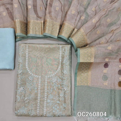 Pastel blue with golden tint pure tissue organza silk unstitched salwar material, thread embroidery work with zari work on yoke,panel design(lining needed)santoon bottom,benarsai weaving on tissue organza silk dupatta with meenakari borders. OC260804