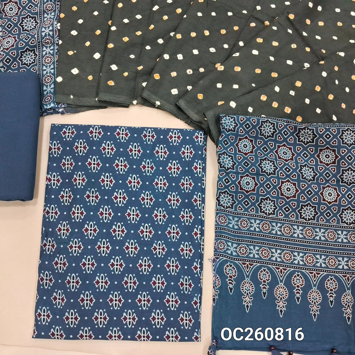Indigo blue ajrak block printed pure cotton unstitched salwar material(lining optional)cotton bottom, original tie and dye work on satin cotton dupatta with ajrak pallu and handmade tassles. OC260816