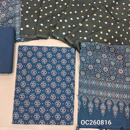 Indigo blue ajrak block printed pure cotton unstitched salwar material(lining optional)cotton bottom, original tie and dye work on satin cotton dupatta with ajrak pallu and handmade tassles. OC260816