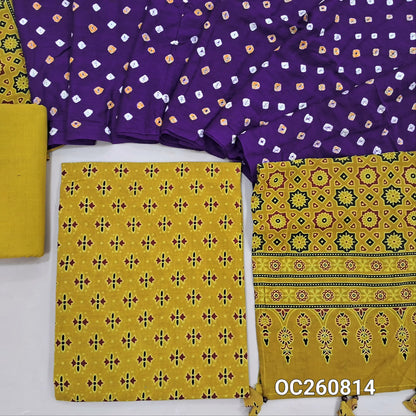 Mehandhi yellow ajrak block printed pure cotton unstitched salwar material(lining optional)cotton bottom, original tie and dye work on satin cotton dupatta with ajrak pallu and handmade tassles. OC260814