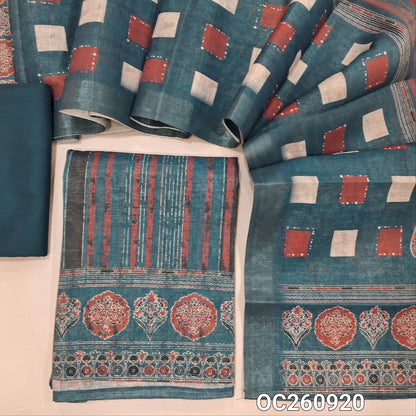 Teal blue with golden tint ajrak printed tissue silk cotton unstitched salwar material, panel design(thin, lining needed) dark teal blue spun cotton bottom,ajrak printed tissue silk cotton dupatta. OC260920
