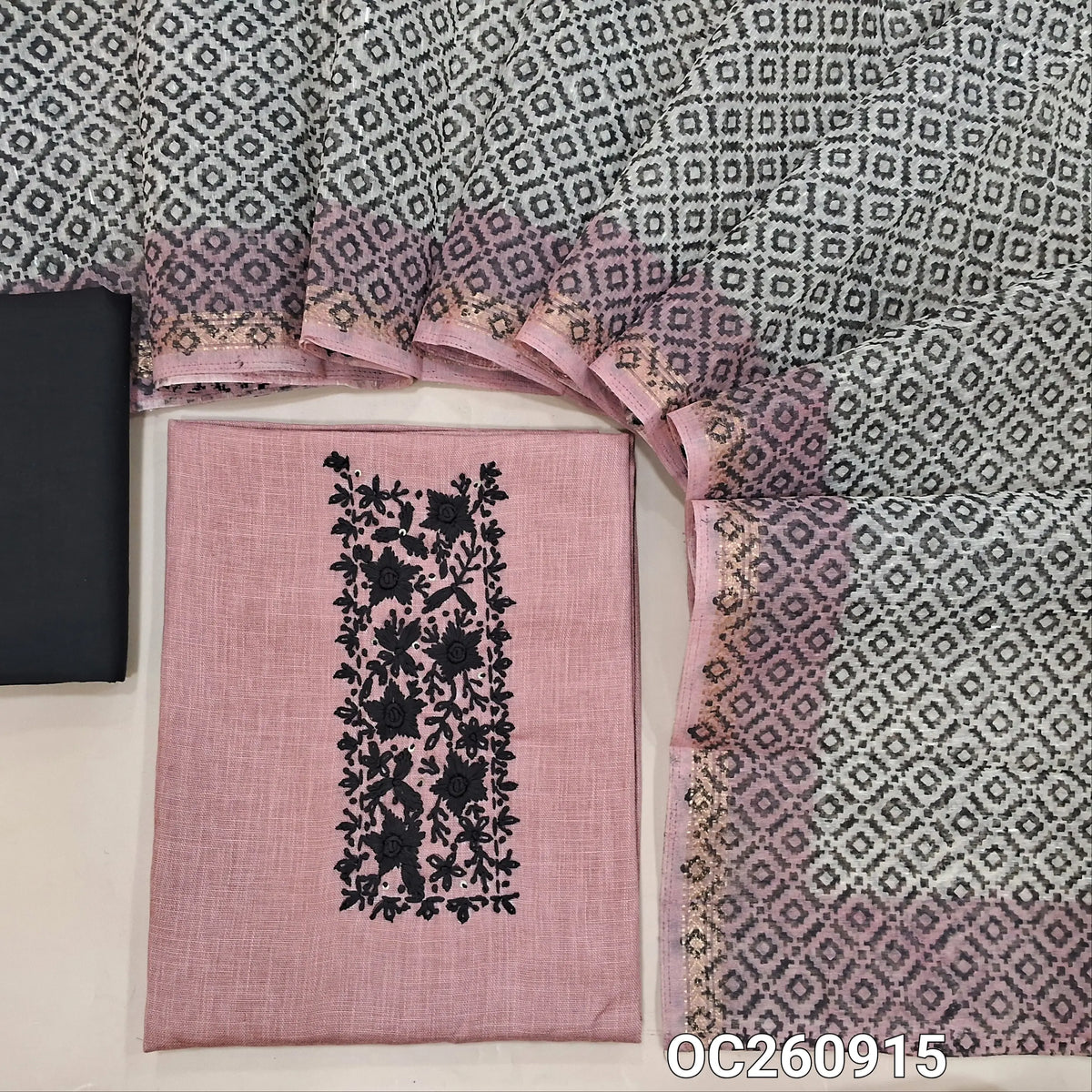 Pink shade linen cotton unstitched salwar material, hand embroidery work on yoke, (lining needed)black cotton bottom,block printed silk cotton dupatta with tissue borders. OC260915