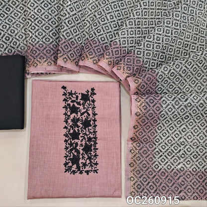 Pink shade linen cotton unstitched salwar material, hand embroidery work on yoke, (lining needed)black cotton bottom,block printed silk cotton dupatta with tissue borders. OC260915