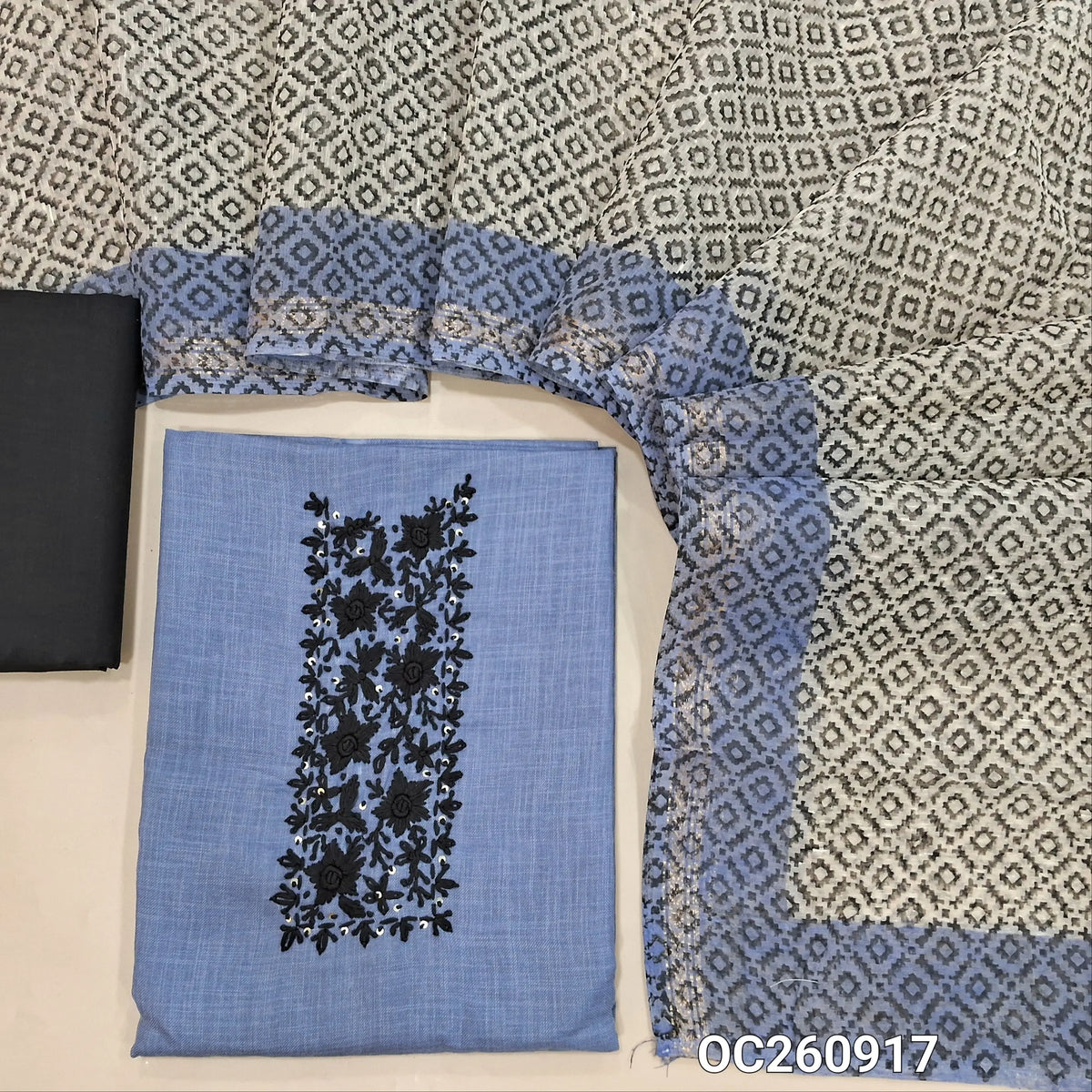 Blueish grey linen cotton unstitched salwar material, hand embroidery work on yoke, (lining needed)black cotton bottom,block printed silk cotton dupatta with tissue borders. OC260917