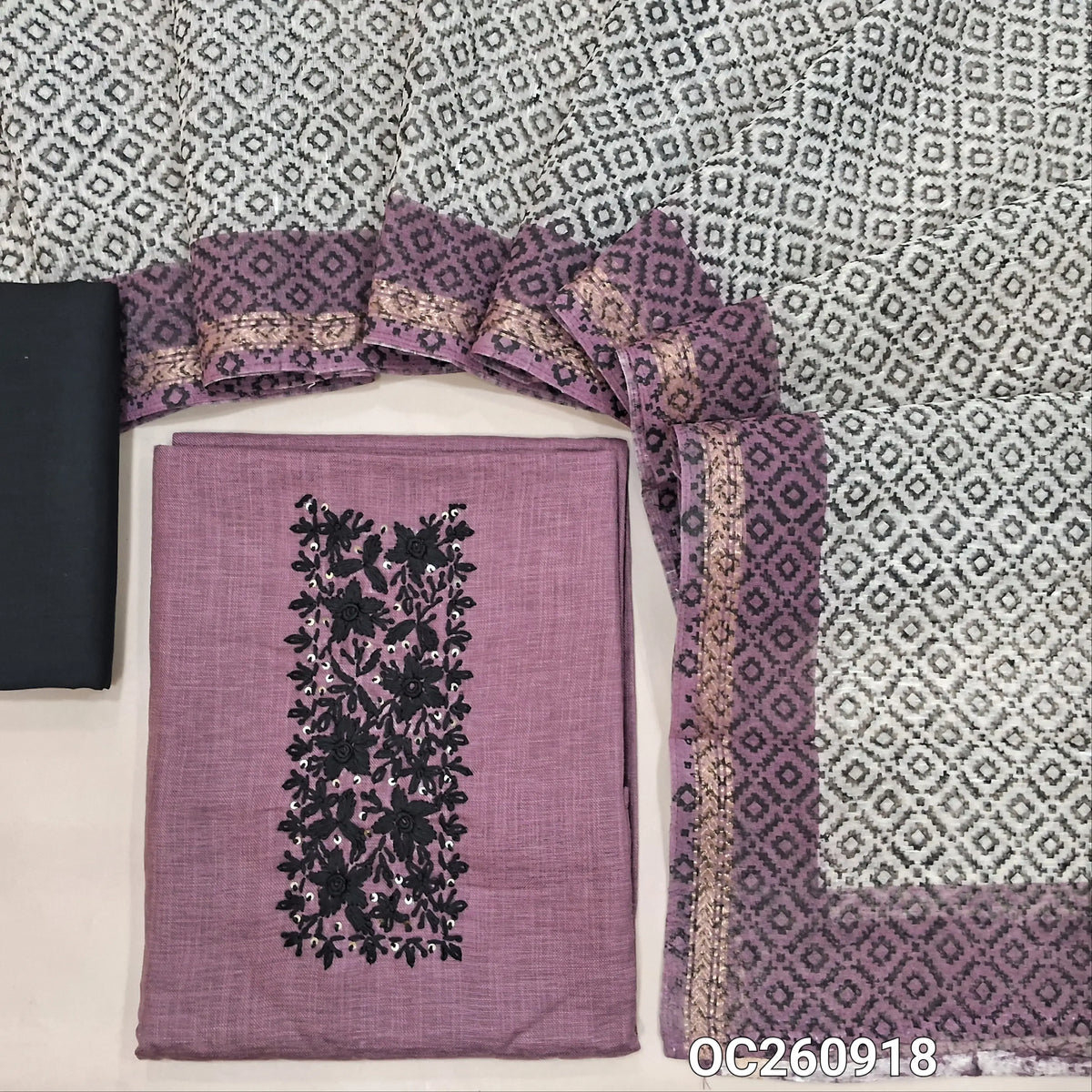 Dark mauve linen cotton unstitched salwar material, hand embroidery work on yoke, (lining needed)black cotton bottom,block printed silk cotton dupatta with tissue borders. OC260918