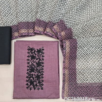 Dark mauve linen cotton unstitched salwar material, hand embroidery work on yoke, (lining needed)black cotton bottom,block printed silk cotton dupatta with tissue borders. OC260918