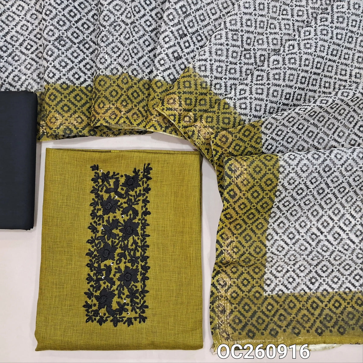 Mehandhi green linen cotton unstitched salwar material, hand embroidery work on yoke, (lining needed)black cotton bottom,block printed silk cotton dupatta with tissue borders. OC260916