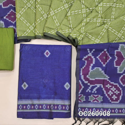 Blue silk cotton unstitched salwar material,thread weaving all over,(lining needed) mossy green silk cotton bottom,dual shaded full length silk cotton dupatta with contrast rich pallu. OC260908