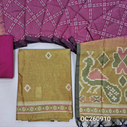 Light mehandhi green silk cotton unstitched salwar material,thread weaving all over,(lining needed) rani pink silk cotton bottom,dual shaded full length silk cotton dupatta with contrast rich pallu. OC260910