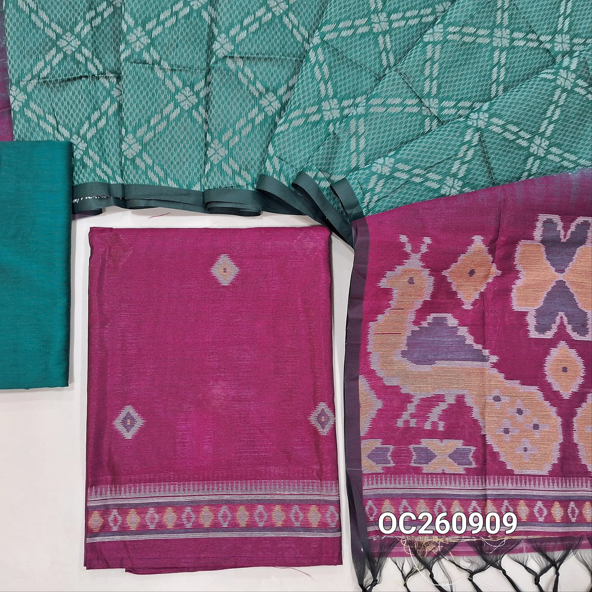 Beetroot purple silk cotton unstitched salwar material,thread weaving all over,(lining needed) turquoise blue silk cotton bottom,dual shaded full length silk cotton dupatta with contrast rich pallu. OC260909