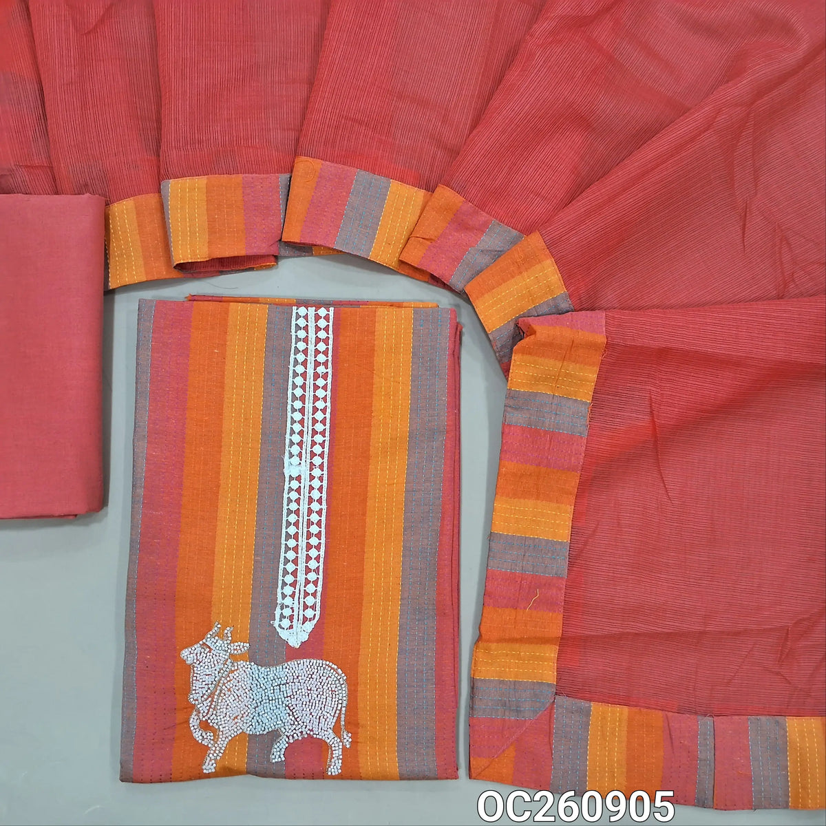 Multicoloured spun cotton unstitched salwar material,pichwai is highlighted with cut bead work on  yoke,kantha stitch on front,(lining needed)Pink cotton bottom, kota silk cotton dupatta with broad tapping. OC260905
