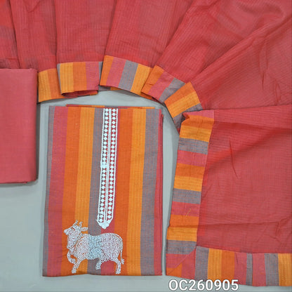 Multicoloured spun cotton unstitched salwar material,pichwai is highlighted with cut bead work on  yoke,kantha stitch on front,(lining needed)Pink cotton bottom, kota silk cotton dupatta with broad tapping. OC260905